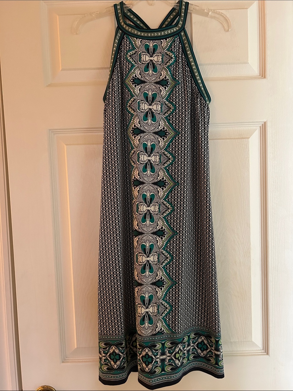 Max Studio Teal and White Geometric-Print Halter Maxi Dress